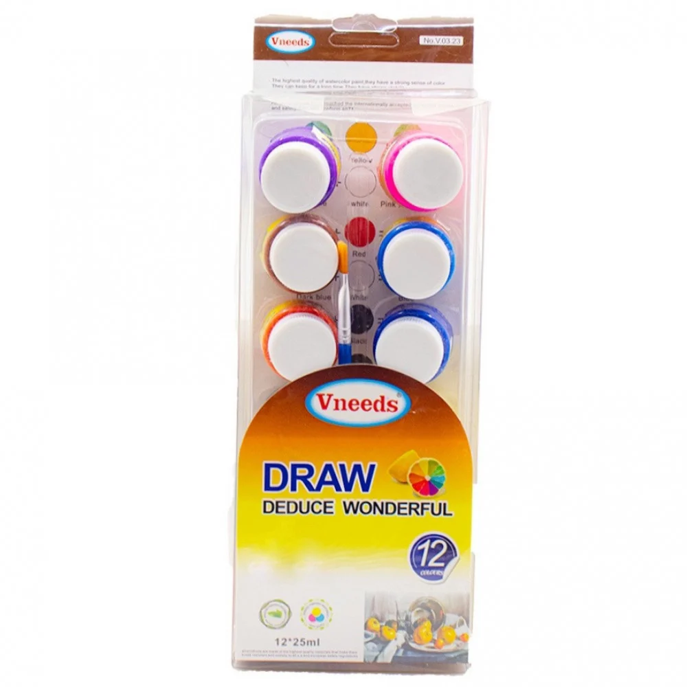 Gouache Paints with Brush 12 colors 25 ml Vneeds V.03.21